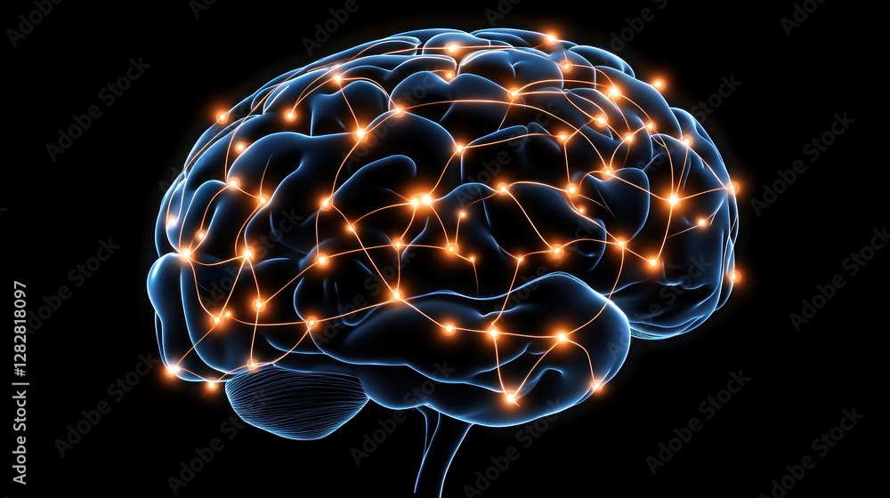 A digital representation of a brain with glowing neural connections. A digital representation of a brain with glowing neural connections.