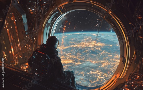 Astronaut gazing Earth, spaceship window, night lights, space travel, futuristic photo