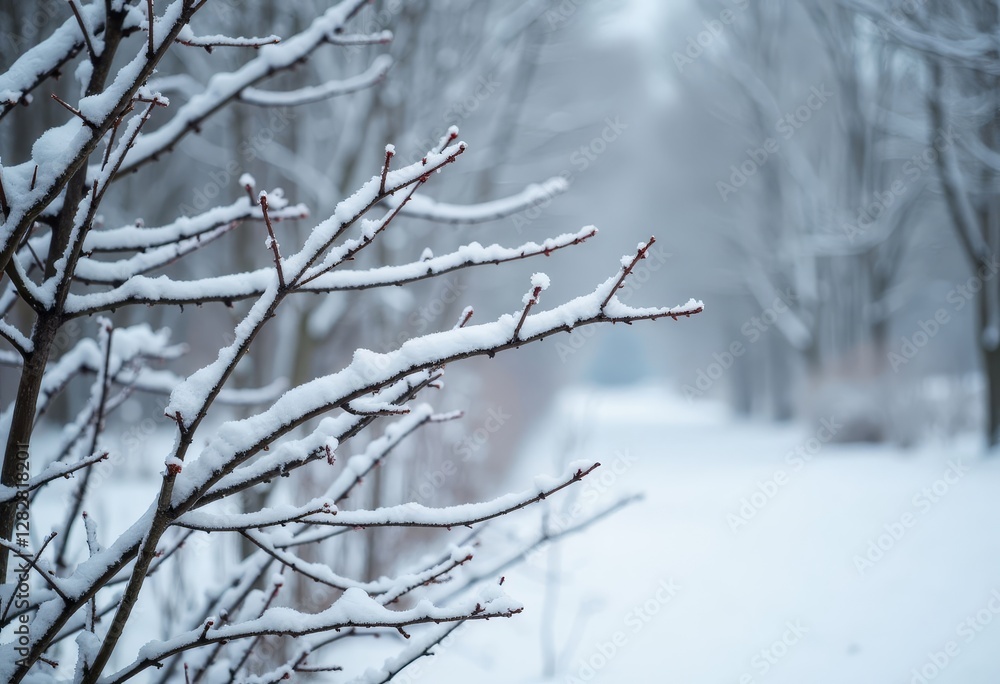 Snow-Covered Tree Branches on Winter Day