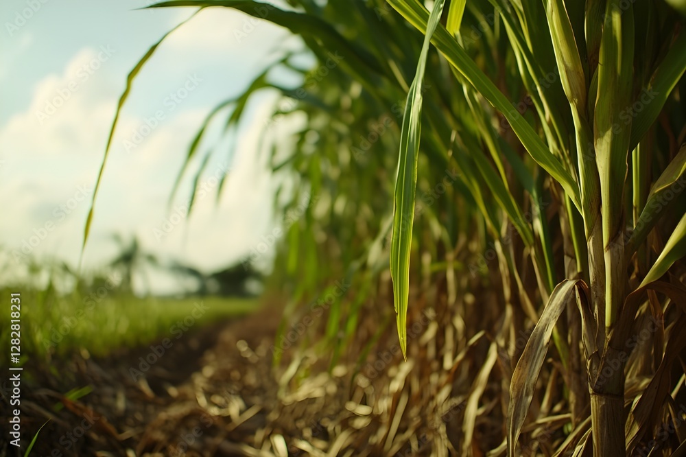 Fototapeta premium A view of a sugarcane field with a tall, thick cane structure, a thin bark-like layer, fresh green foliage, showing the power of this plant in producing sweet natural sugar