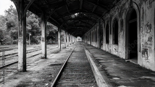 Abandoned train station platform, empty tracks, decaying architecture, overgrown trees in background