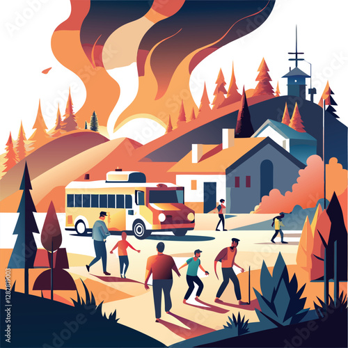 Wildfire Displacement: Minimalist Illustration of Evacuees Escaping a Burning Neighborhood  
