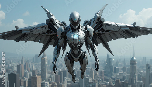 Futuristic Humanoid Robot with Wings Soars Over Sci-Fi Metropolis,futuristic robot, humanoid robot, sci-fi metropolis, mechanical wings, high-speed propulsion, aerodynamic design, sci-fi cityscape, fu