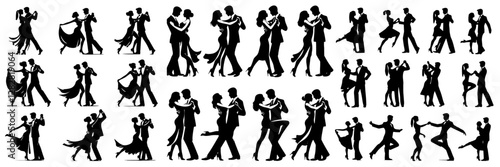 Vector, isolated black silhouette of a couple dancing, collection, black and white color