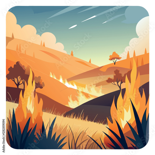 Wildfire Risk in Dry Grasslands: Minimalist Illustration of Fire Spreading Across Vulnerable Landscape  
