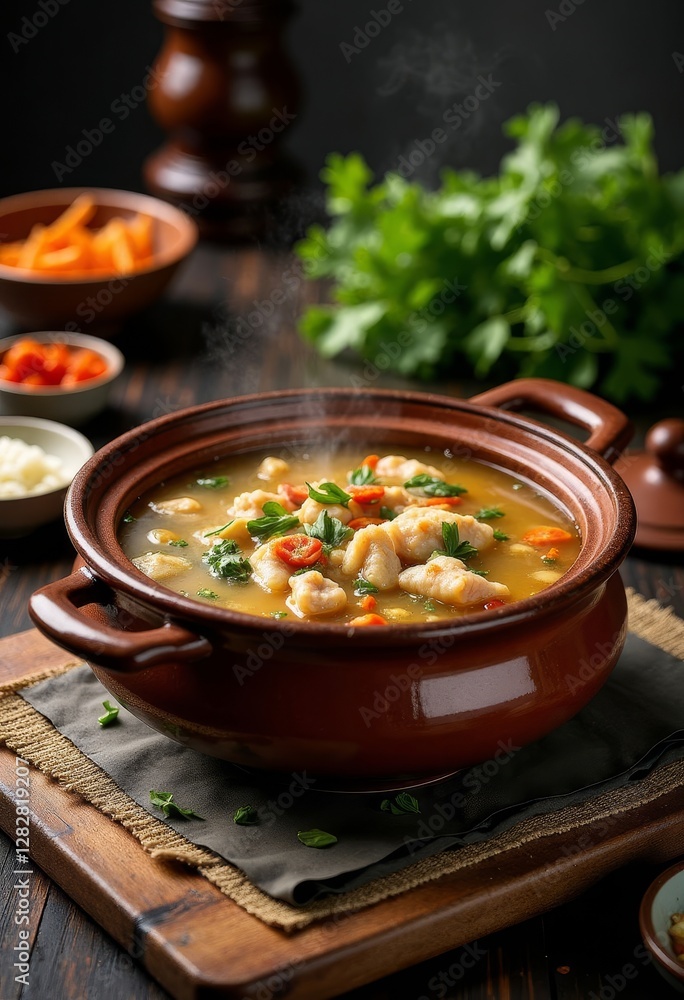 Steaming dumpling soup in brown ceramic bowl garnish Steaming dumpling soup in brown ceramic bowl garnish