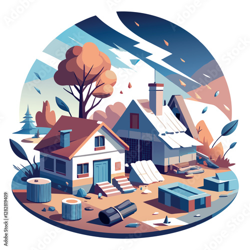 Tornado Property Damage: Minimalist Illustration of Destroyed Homes and Uprooted Trees  
