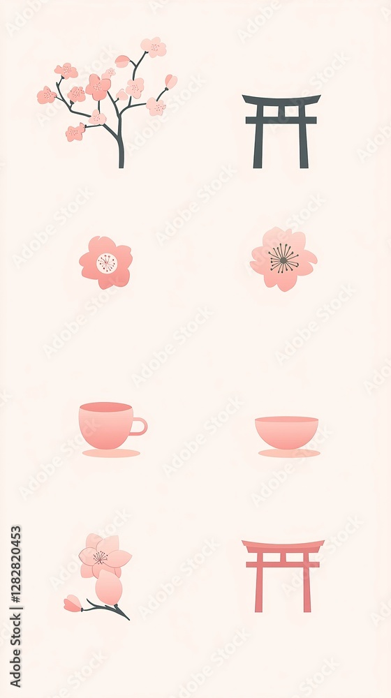 Icon Set of Cherry Blossoms and Spring Symbols, Cherry Blossom Festivals Icon Set of Cherry Blossoms and Spring Symbols, Cherry Blossom Festivals