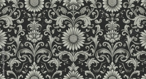 Ornate floral damask pattern, intricate sunflower motifs, baroque style wallpaper, monochromatic grey and white, symmetrical design, vintage textile, high contrast, detailed scrollwork, repeating patt