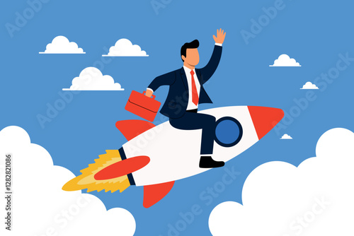 Businessman Riding a Rocket Towards Success and Growth
