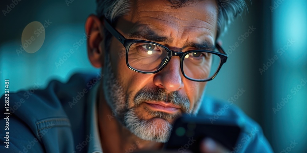 A bearded man with glasses intensely focuses on his smartphone, conveying deep concentration and engagement. A bearded man with glasses intensely focuses on his smartphone, conveying deep concentration and engagement.