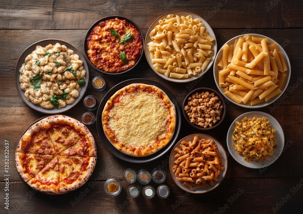 Italian food variety overhead wooden table Italian food variety overhead wooden table