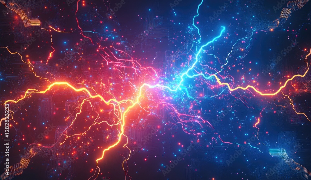 Clashing energy, cosmic battle, sparks, dark background, VFX Clashing energy, cosmic battle, sparks, dark background, VFX