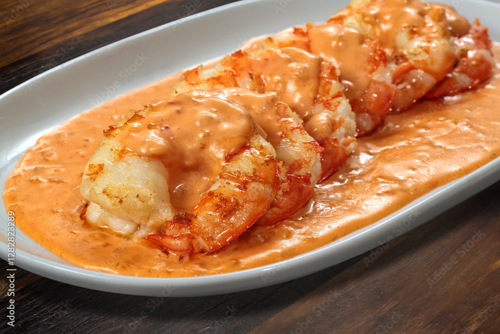 Φωτογραφία Newburg Shrimp, a dish of fried and flambéed shrimp with rosé sauce