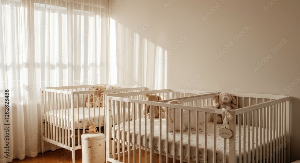 Cozy nursery with two cribs by window Cozy nursery with two cribs by window