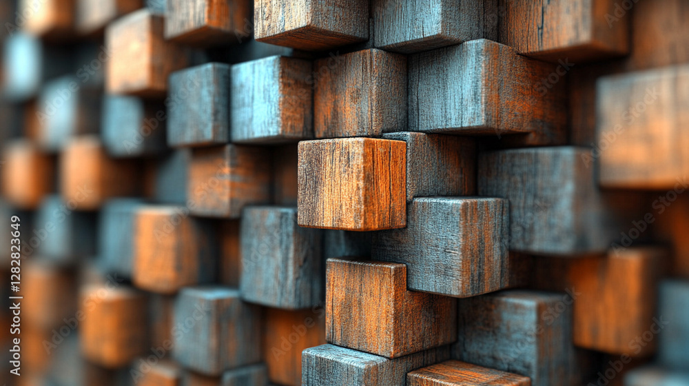 A 3D rendering of wooden cubes arranged in a square formation, symbolizing structure, balance, and unity in a modern and minimalist style A 3D rendering of wooden cubes arranged in a square formation, symbolizing structure, balance, and unity in a modern and minimalist style