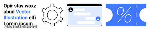 Gear icon, chat interface, and discount ticket visual symbolizing technology, communication, and promotions. Ideal for tech tools, business services, marketing, creative workflows discounts digital