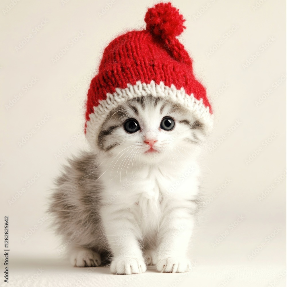 A cute kitten wearing a red knitted hat, sitting against a light background. A cute kitten wearing a red knitted hat, sitting against a light background.
