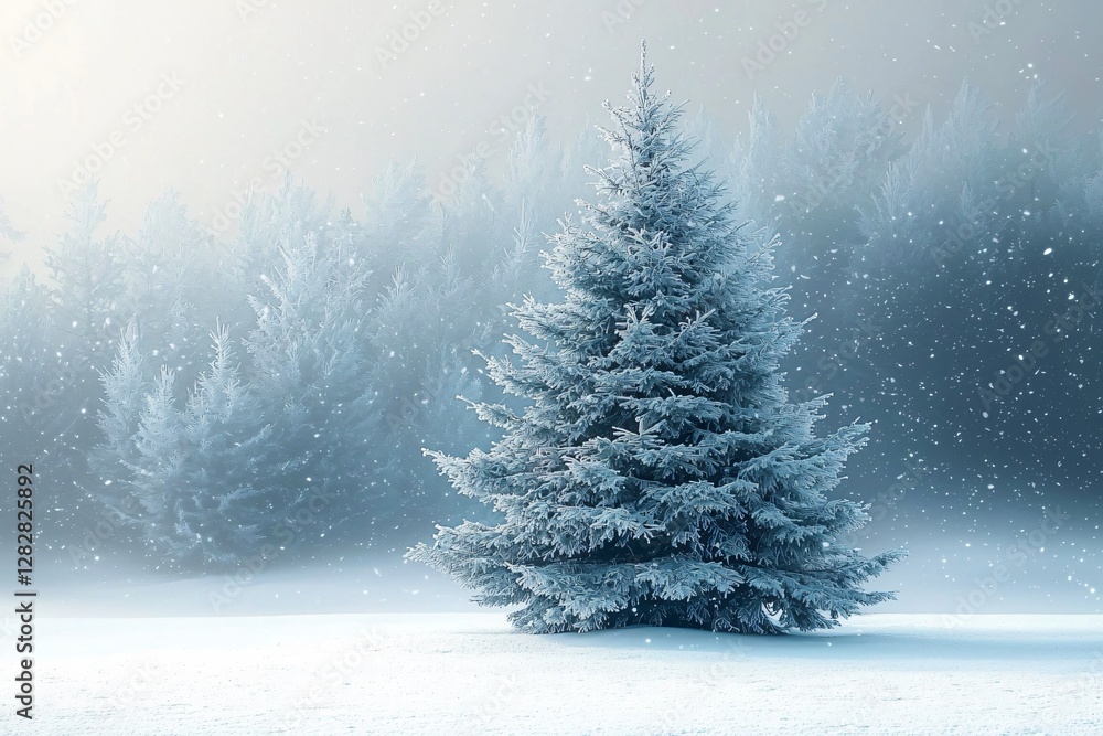 Serene winter landscape featuring a solitary snow-covered pine, ideal for Christmas and New Year greetings, holiday backgrounds, and peaceful winter designs. Ample copy space. Serene winter landscape featuring a solitary snow-covered pine, ideal for Christmas and New Year greetings, holiday backgrounds, and peaceful winter designs. Ample copy space.