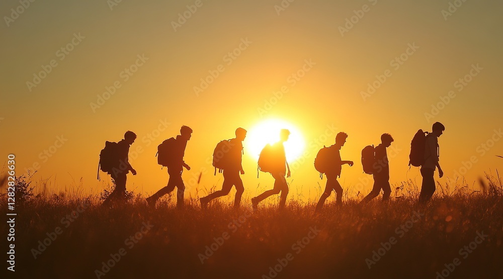 Hikers Journey: Adventurous Group Trekking at Sunset, Exploring Nature's Beauty Hikers Journey: Adventurous Group Trekking at Sunset, Exploring Nature's Beauty