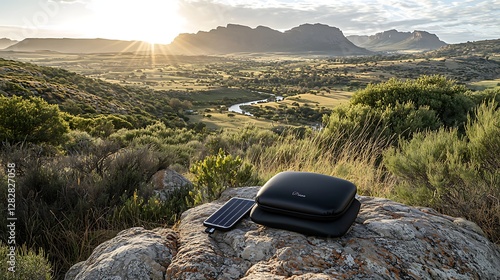 Portable Power Station and Solar Panel at Sunrise in Scenic Landscape photo