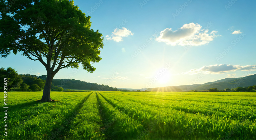 Obraz premium Green field, tree and blue sky. Great as a background, web banner