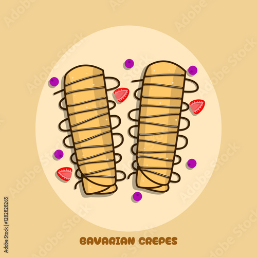 Bavarian Crepes Day to celebrate on March 22nd. Two rolls of Bavarian crepes with pieces of strawberry and blue berry. Food event banner.