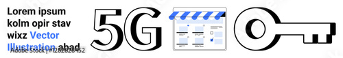 Stylized text Lorem ipsum, large 5G text, clapperboard-thumbs up content management icon with a grid layout, and a key icon. Ideal for technology, digital transformation, 5G networking, content