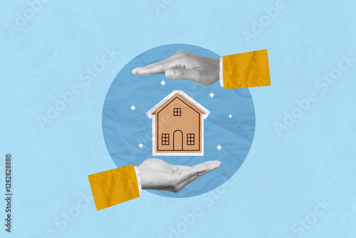 Protect property, security, safe, mortgage, home and insurance concept. Creative art collage of hand protecting a house indicates insurance policy