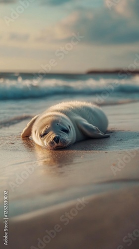 A serene scene unfolds with a playful seal resting on the shore. The gentle waves create a calming backdrop for this adorable creature. Generative AI