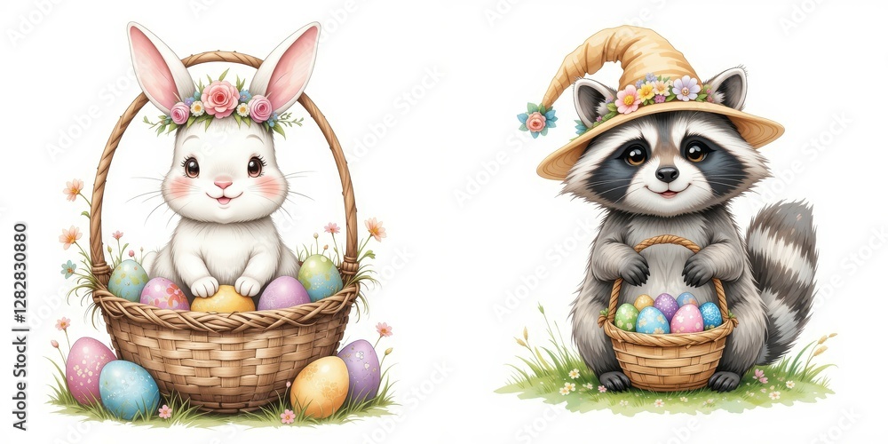 Easter Animals Basket with Rabbit and Raccoon Holding Colorful Eggs Celebration Festive Springtime Scene Easter Animals Basket with Rabbit and Raccoon Holding Colorful Eggs Celebration Festive Springtime Scene