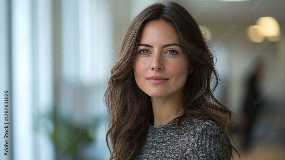 confident brunette receptionist in an open office setting engaging professionally with customers in a bright modern workspace with natural lighting and elegant decor confident brunette receptionist in an open office setting engaging professionally with customers in a bright modern workspace with natural lighting and elegant decor
