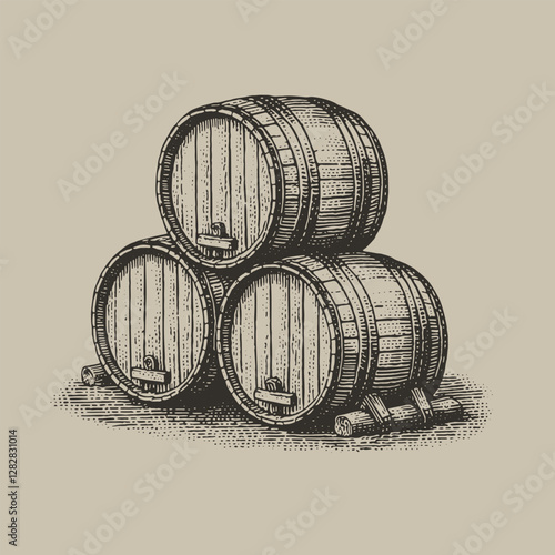 Stacked wooden barrels engraving style illustration.