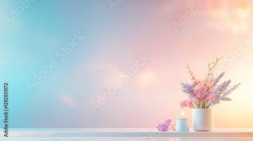 Serene floral arrangement with candle interior space still life soft lighting close-up view tranquility and aesthetic appeal