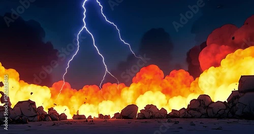 Explosions, lightning, ruined landscape, dramatic background, stock photo
