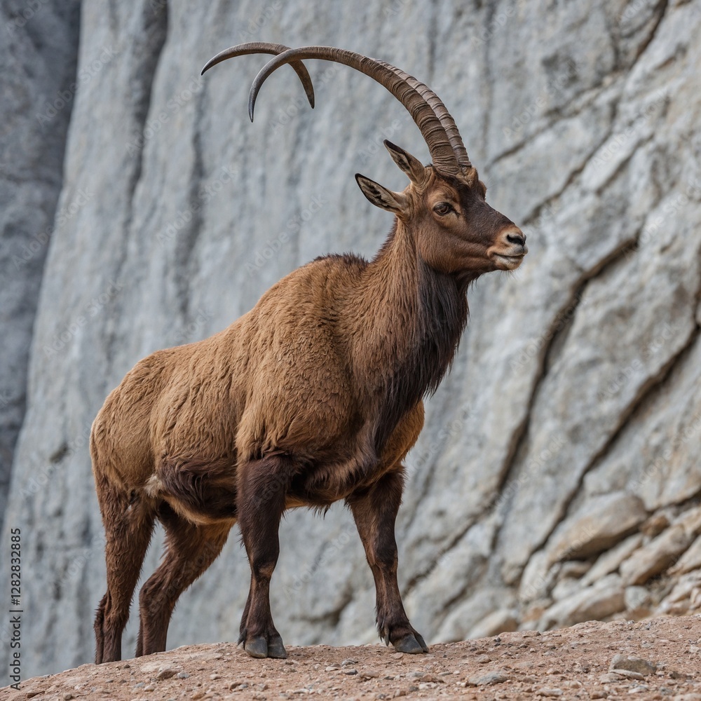 An ibex gripping a near-vertical surface with its hooves, muscles tensed, white background. An ibex gripping a near-vertical surface with its hooves, muscles tensed, white background.