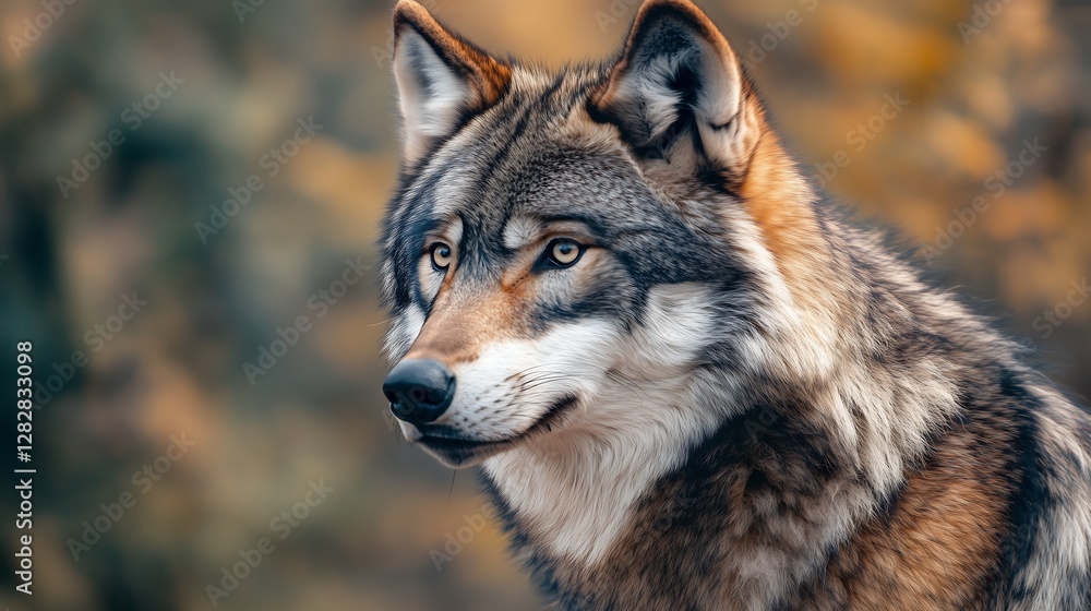 Fototapeta premium A wolf with its head tilted to the side and looking at something in front of or behind it. The body is light grey-brown on top but has dark brown fur around its neck.