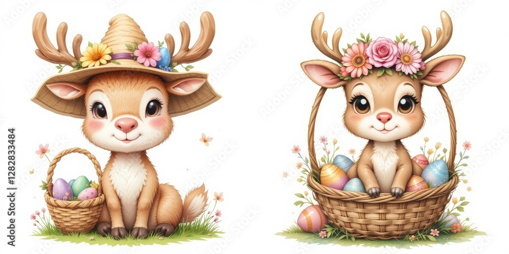 Fototapeta premium Sweet Antlered Friends Celebrate Easter with Flower Crowns and Baskets of Painted Eggs Joyful Cartoon