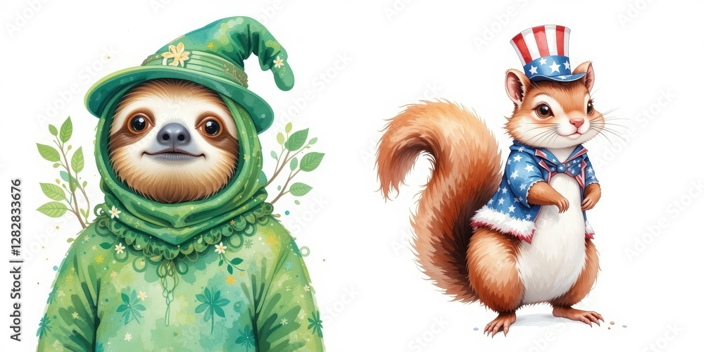 Fototapeta premium Patriotic Squirrel and Lucky Sloth Celebrating Holidays Whimsical Festive Animals Illustration