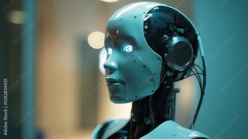 Futuristic robot with glowing eyes and headphones in a modern tech environment Futuristic robot with glowing eyes and headphones in a modern tech environment