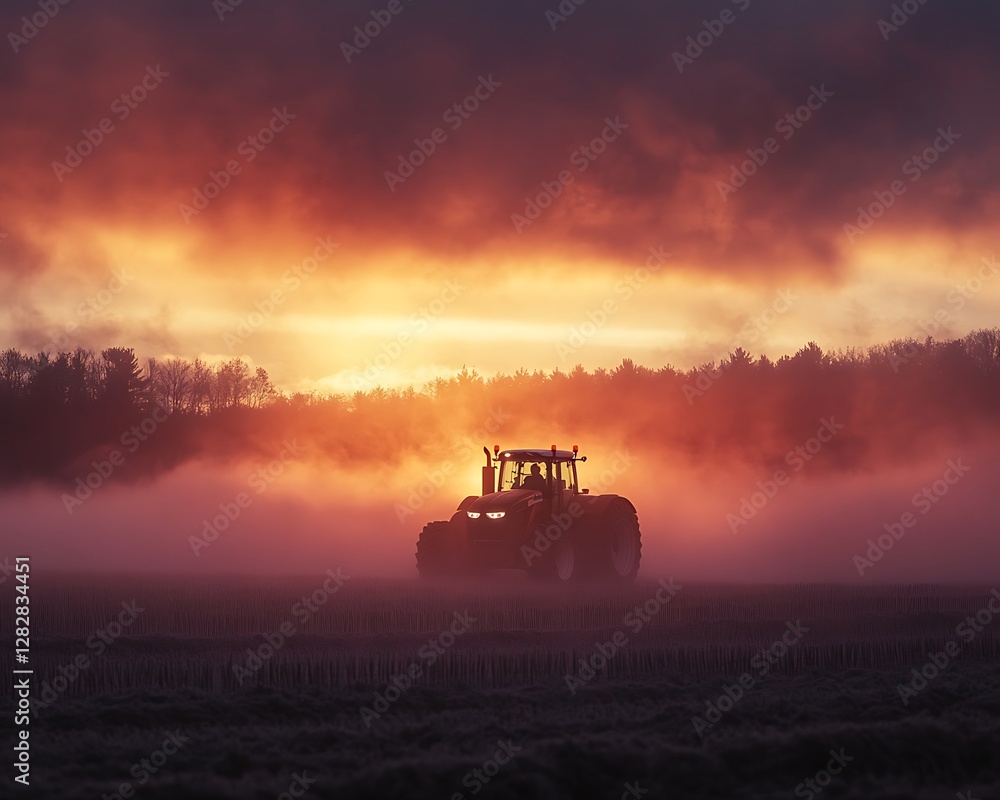 Fototapeta premium Tractor Sunrise Misty Field
