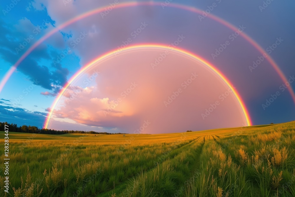 Naklejka premium A Stunning Double Rainbow Arches Over a Lush Green Field at Sunset, Creating a Breathtaking Natural Scenery in the Heart of the Countryside