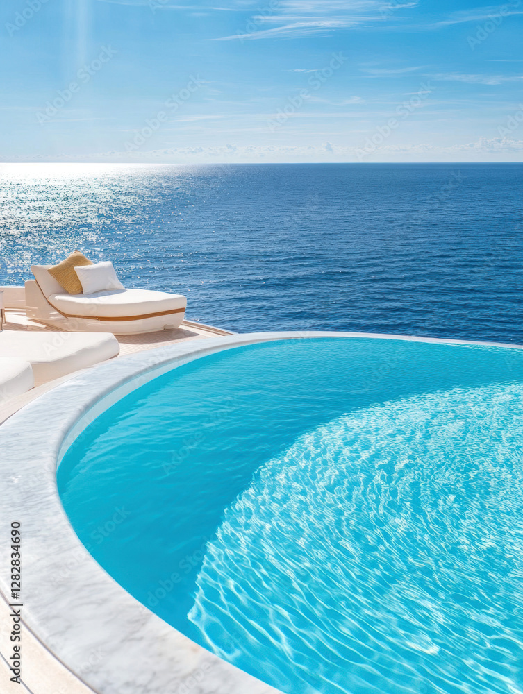 Fototapeta premium Luxury pool overlooking endless ocean horizon on a sunny day
