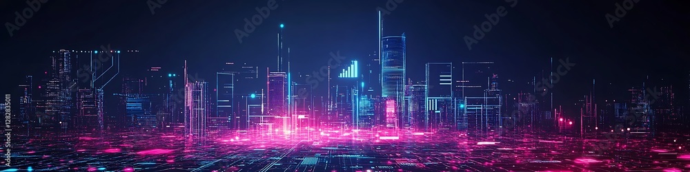 Fototapeta premium Futuristic Cityscape Illuminated By Neon Lights At Night
