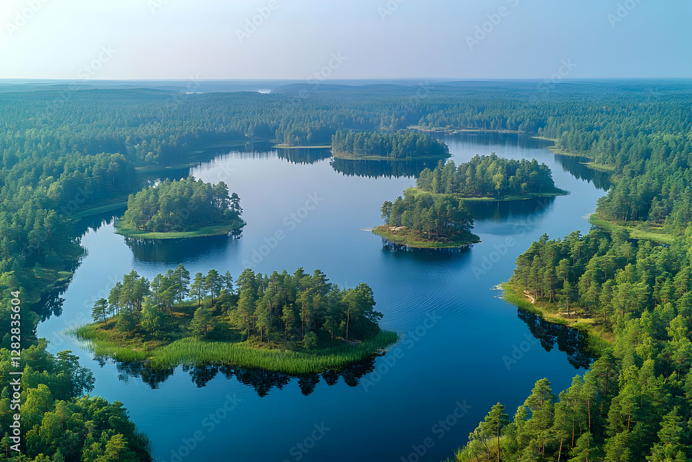 Aerial View Of Winding Forest Lake With Islands Aerial View Of Winding Forest Lake With Islands