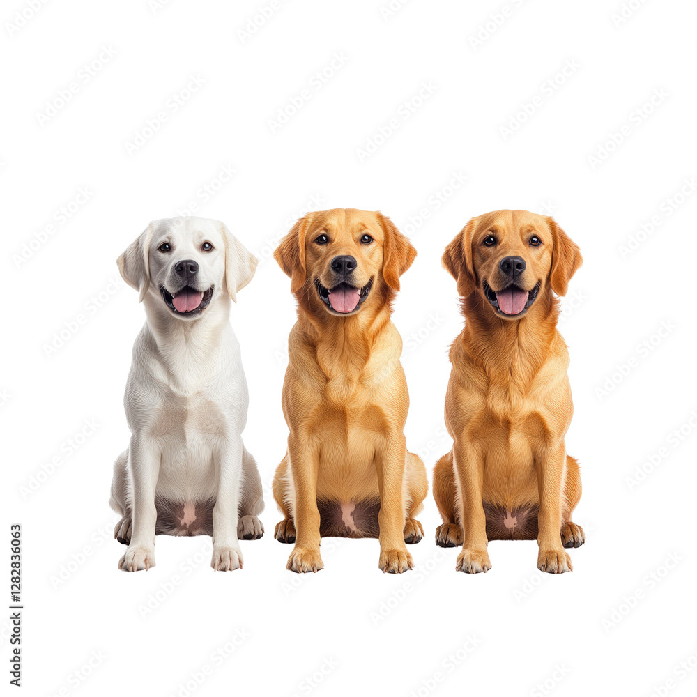 Three Golden Retrievers Sitting in a Row White, Light Gold, and Dark Gold Coats Three Golden Retrievers Sitting in a Row White, Light Gold, and Dark Gold Coats