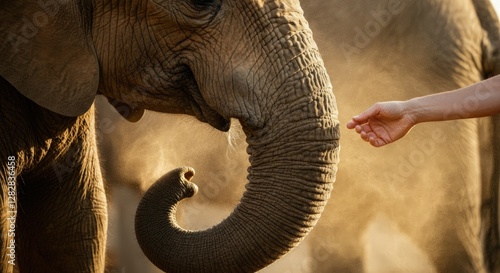 Elephant reaching out to human hand in dusty environment photo