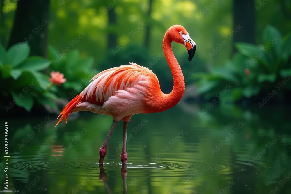 Obraz premium Pink flamingo wading in shallow water surrounded by lush greenery, birds, pink