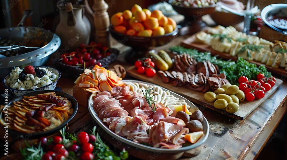 Delicious Assortment of Charcuterie, Fresh Fruits, and Cheeses on a Rustic Wooden Table Delicious Assortment of Charcuterie, Fresh Fruits, and Cheeses on a Rustic Wooden Table
