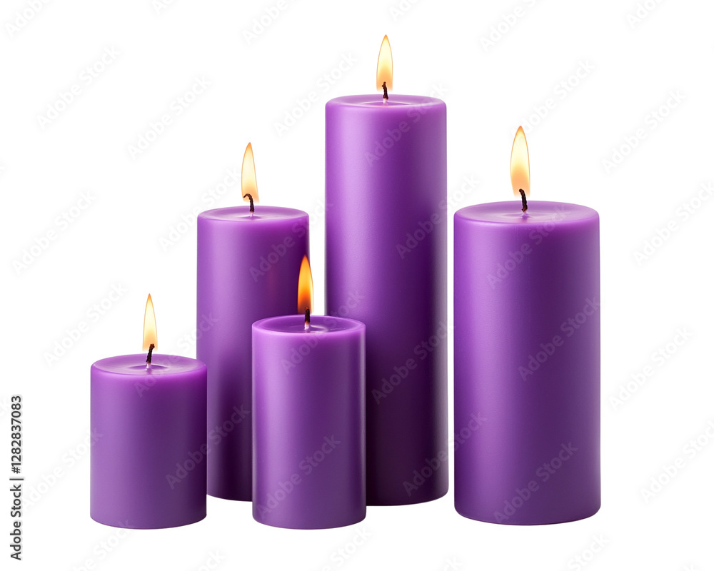 Purple candles in various sizes isolated on transparent background Purple candles in various sizes isolated on transparent background